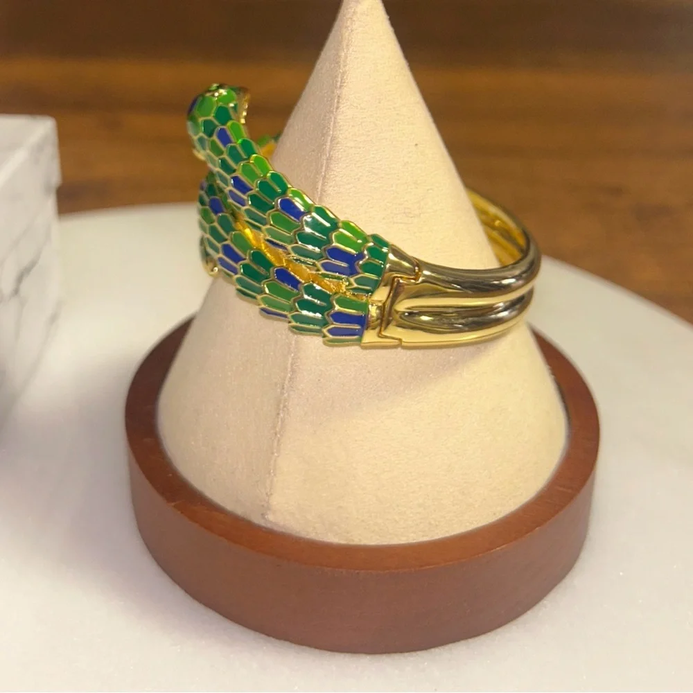 Rachel Glauber 14K Gold Plated W/ Green/Blue Cubic Zirconia 3D Serpent Bracelet - Picture 7 of 16